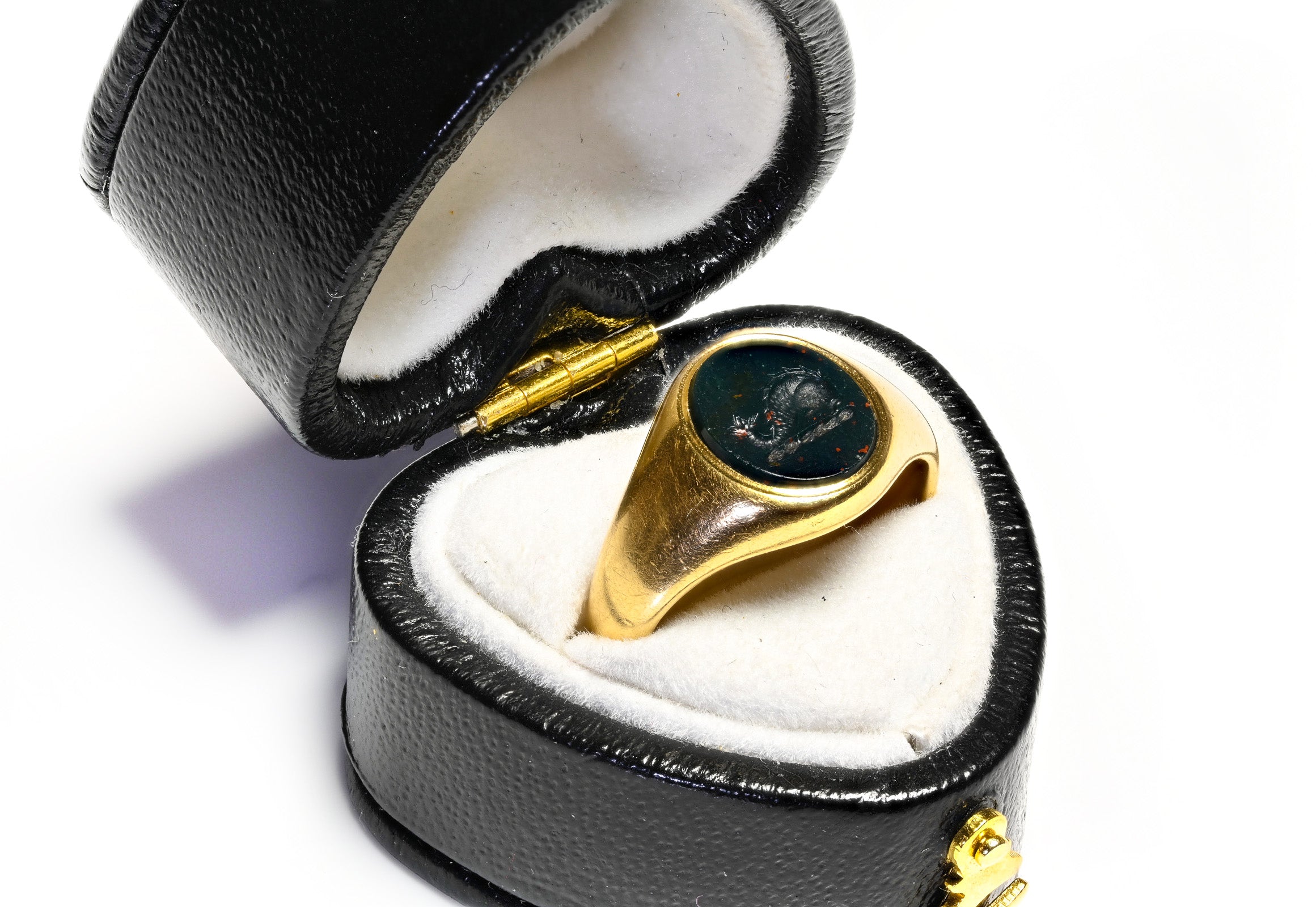 Antique 18K Gold Bloodstone Ring Featuring Dolphin Crest