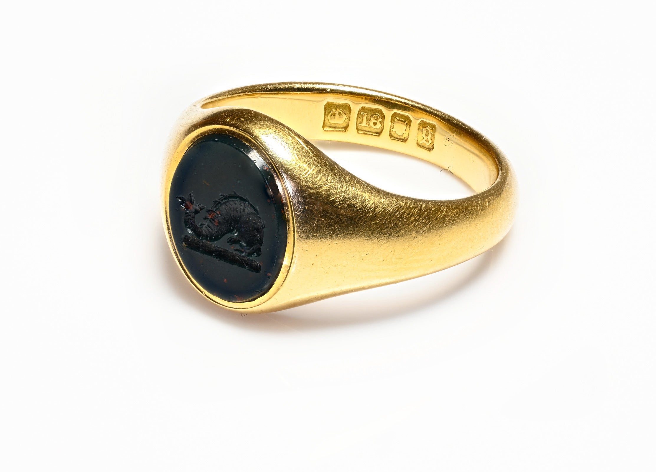 Antique 18K Gold Bloodstone Ring Dolphin Crest