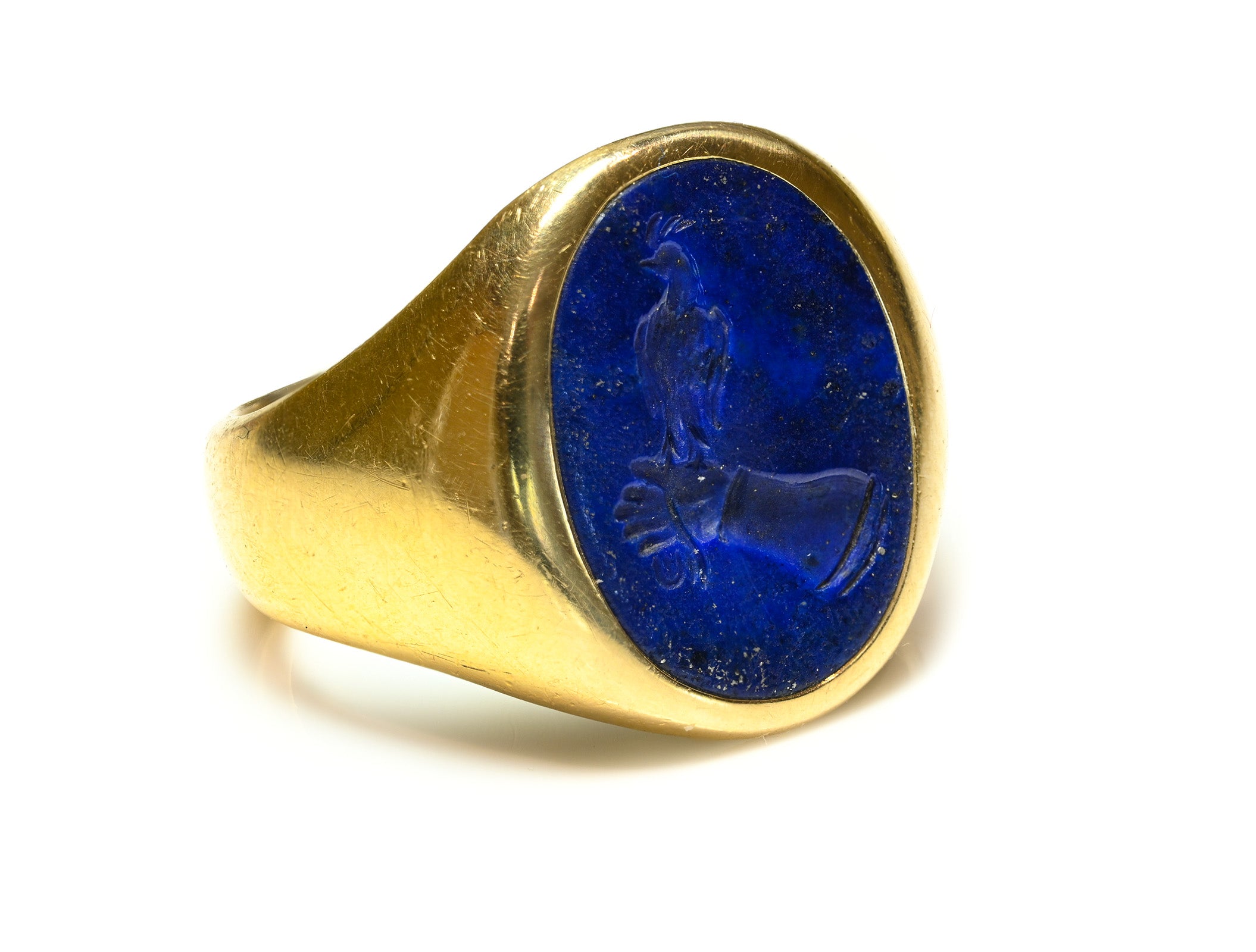 Antique Larter & Sons 14K Gold Carved Lapis Lazuli Crest Signet Ring