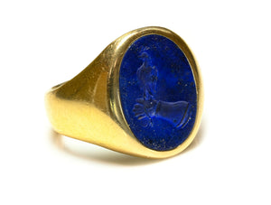 Antique Larter & Sons 14K Gold Carved Lapis Lazuli Crest Signet Ring