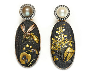 Antique Shakudo Gold Natural Pearl and Diamond Drop Earrings