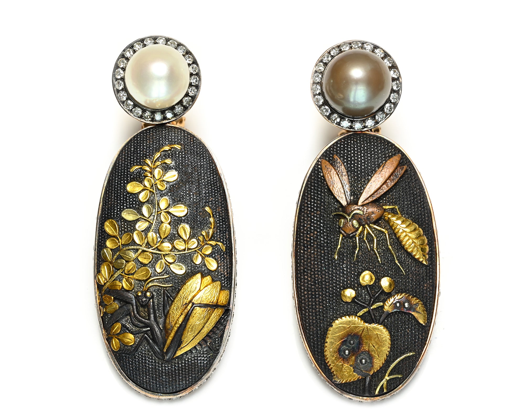 Antique Shakudo Gold Natural Pearl and Diamond Drop Earrings