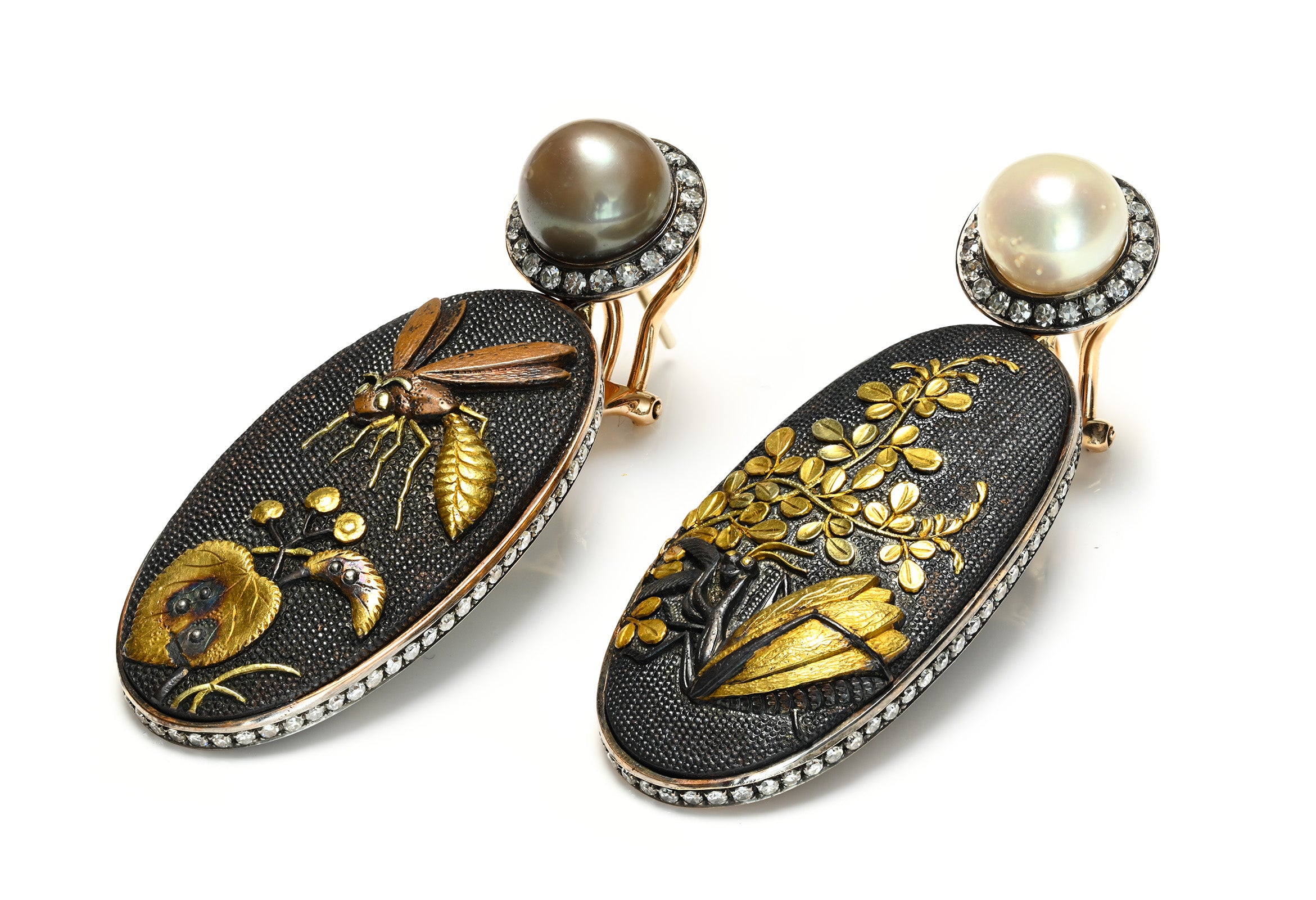 Antique Shakudo Gold Natural Pearl and Diamond Drop Earrings