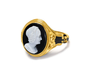 Antique 1840 Victorian Gold Black Enamel Cameo Portrait Ring