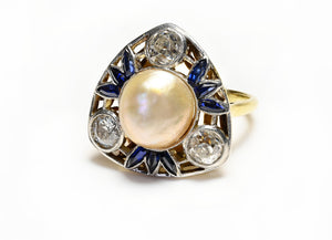 Art Nouveau 18K Gold Old Mine Cut Diamond Natural Pearl Sapphire Triangular Ring