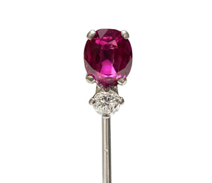 Antique Platinum 2 Carat Unheated Pink Sapphire and Diamond Stick Pin