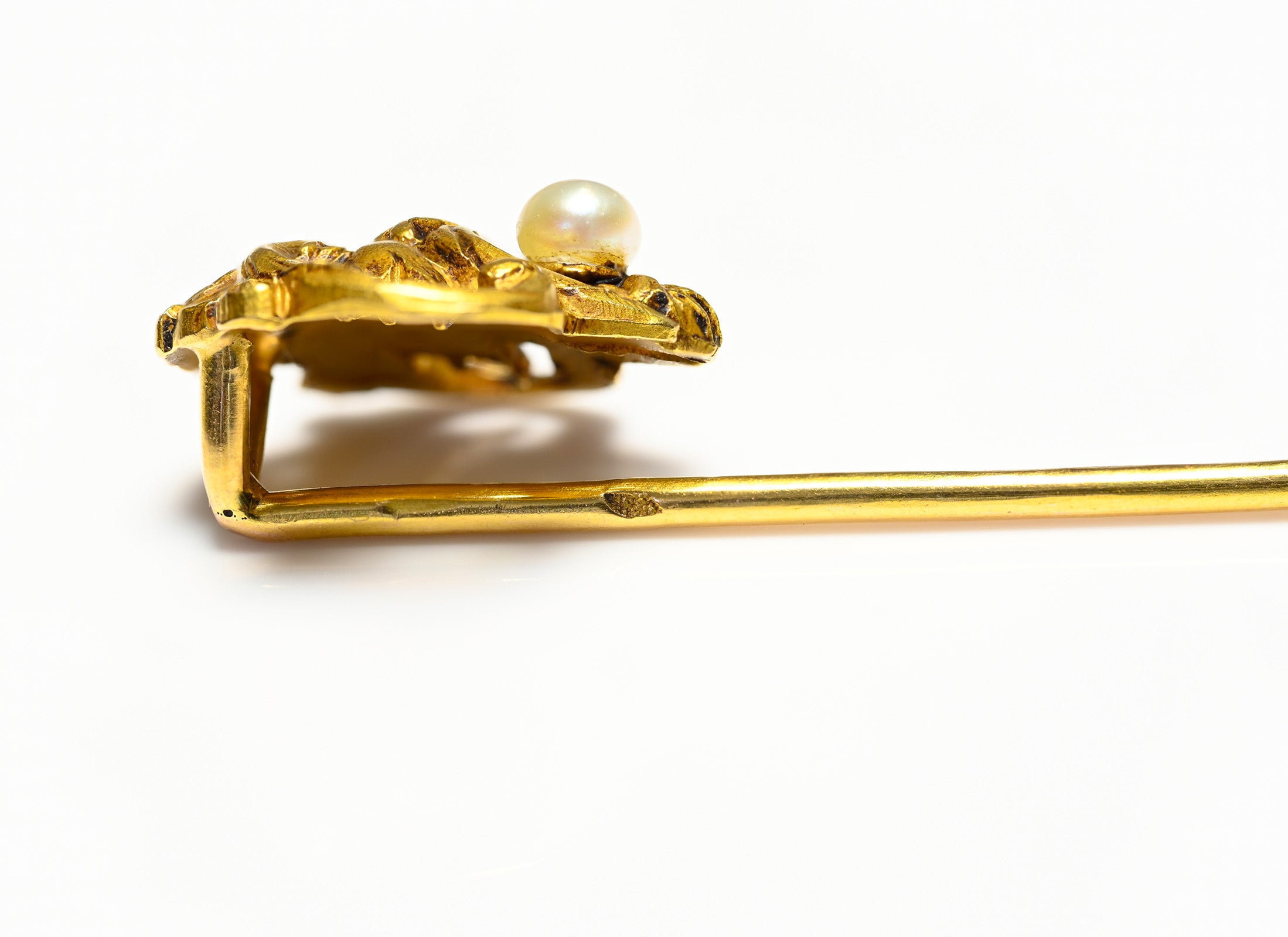 Antique Art Nouveau French 18K Gold Gargoyles Pearl stick Pin