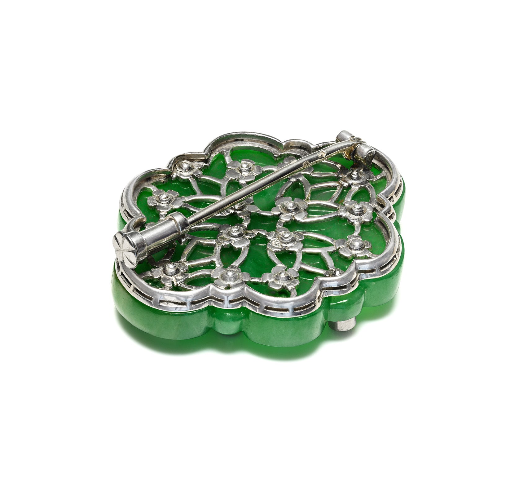 Antique Belle Époque French Hallmark Carved Jade and Diamond Brooch in Platinum
