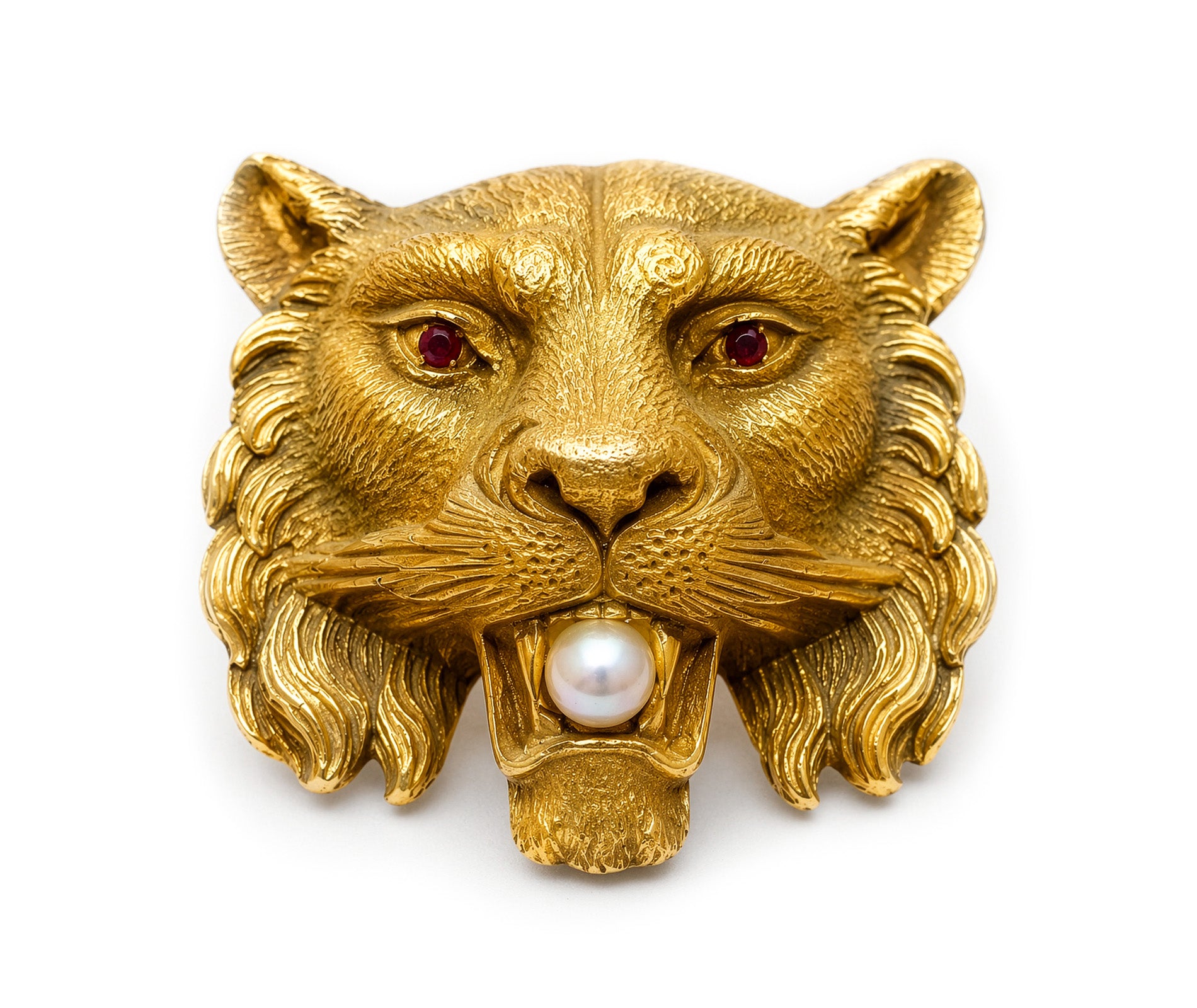 Antique Brass Red Crystal Pearl Lion Brooch