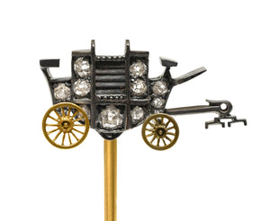 Victorian Diamond-Set Gold and Silver Horse-Drawn Carriage Stick Pin