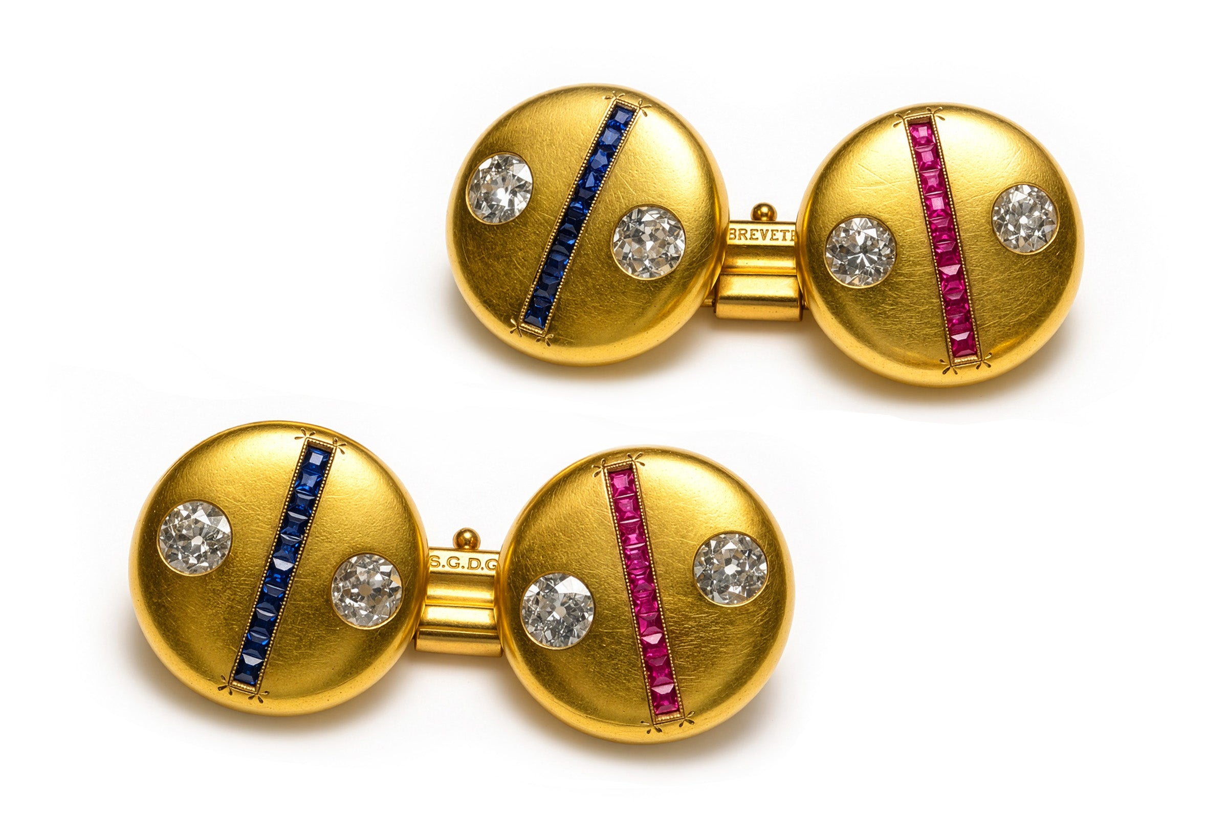 Antique Diamond Ruby Sapphire 18K Gold Cufflinks French 