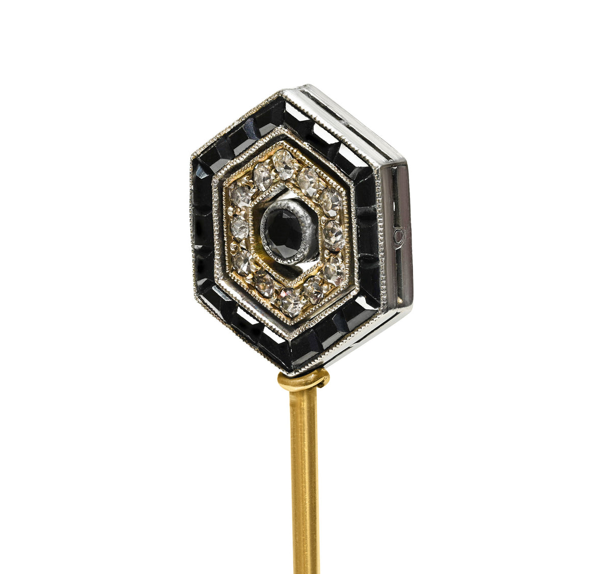 Antique Onyx Sapphire and Diamond Hexagon Swivel Stick Pin