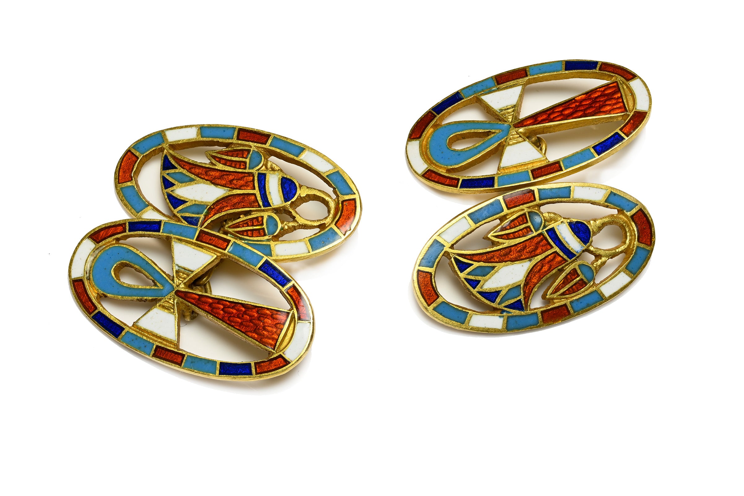 Victorian Egyptian Revival 18K Gold Enamel Ankh Papyrus Cufflinks