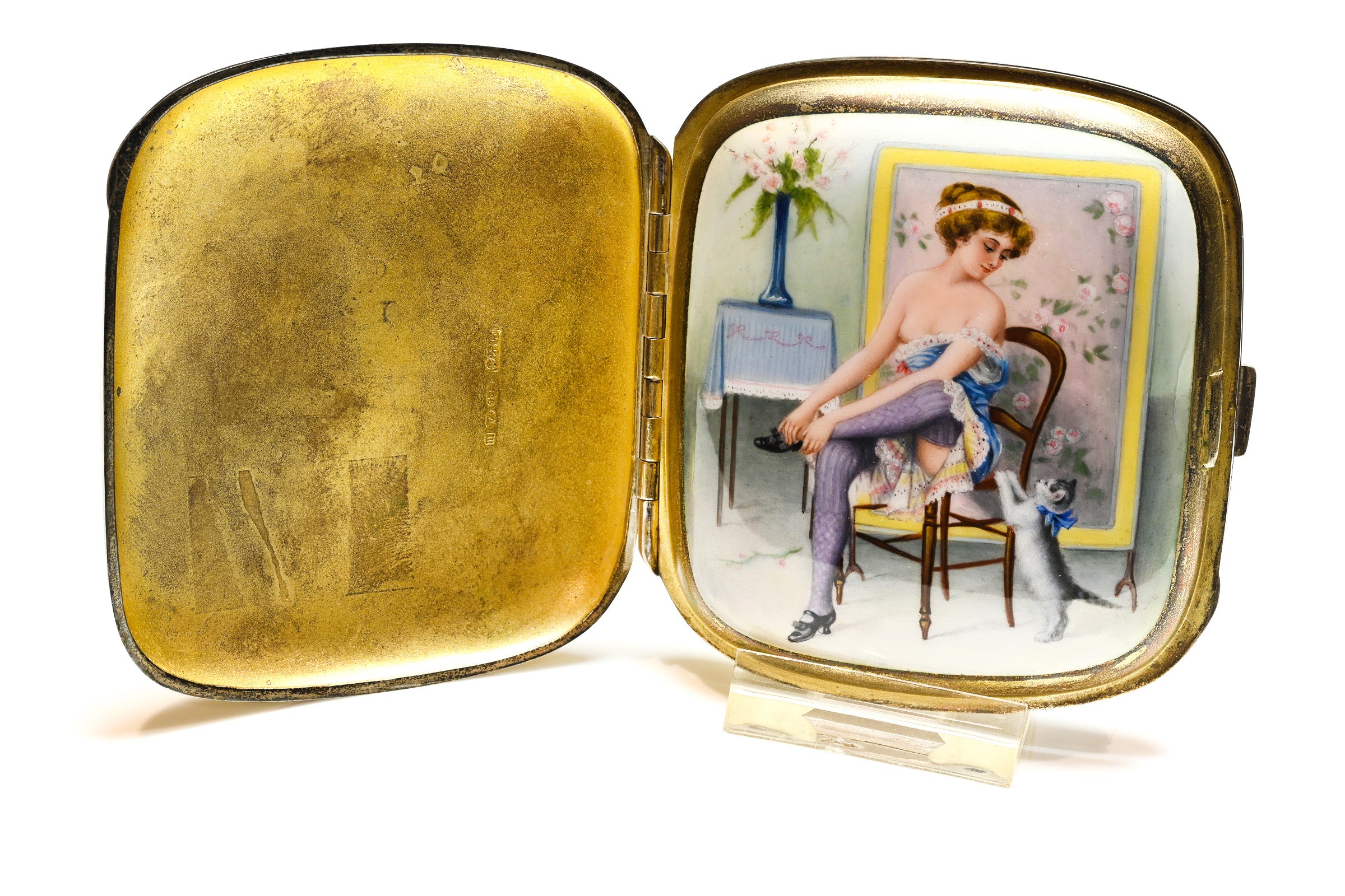 Antique Erotic Nude Enamel Silver Mistress with Lady and Cat Case 