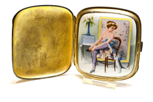 Antique Erotic Nude Enamel Silver Case: Hidden Mistress with Lady and Cat