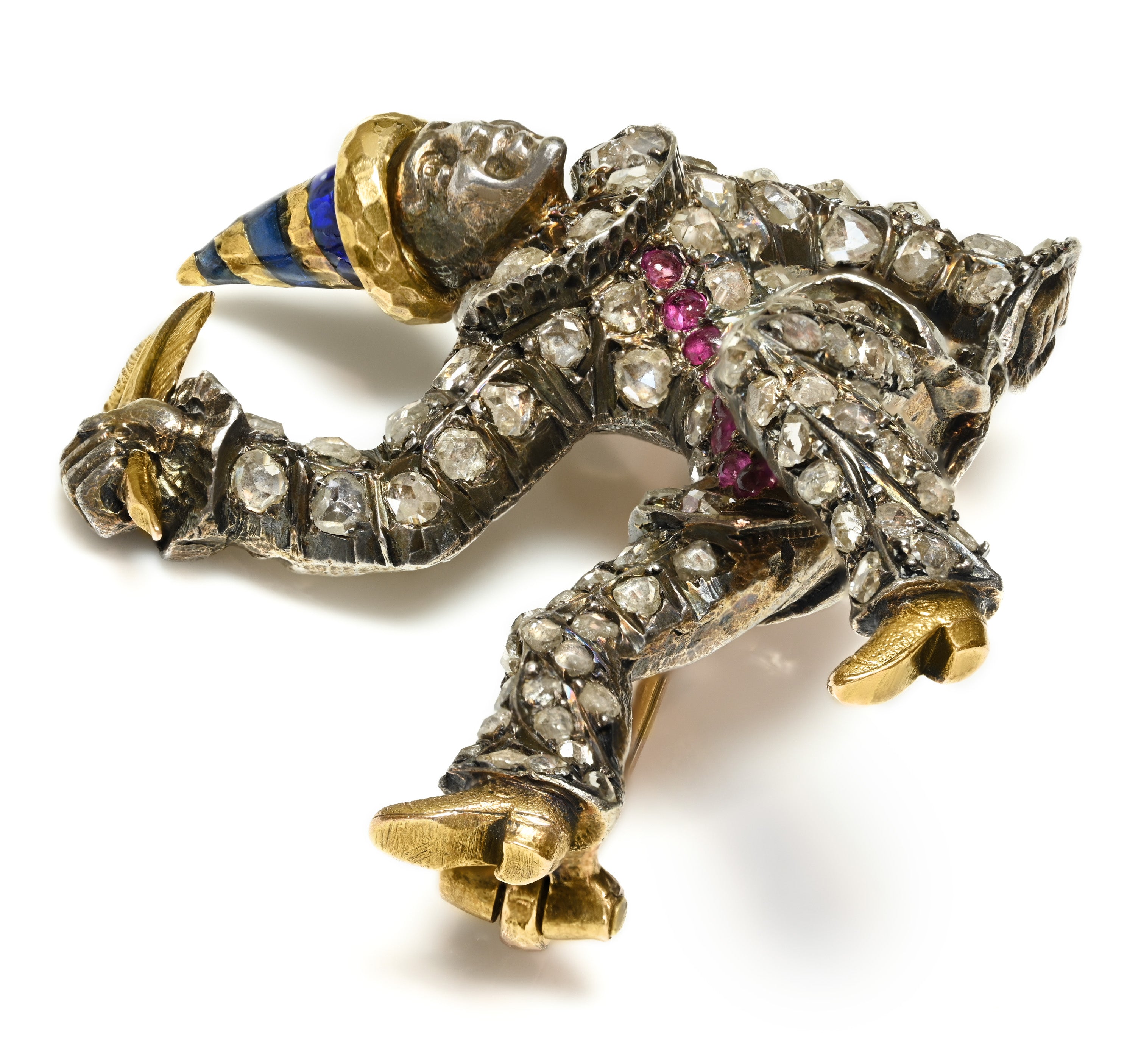 Antique French Pierrot Diamond & Ruby Brooch in Silver and 18K Gold