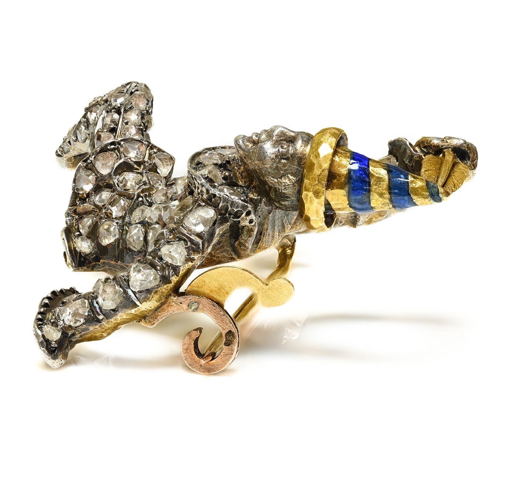 Antique French Pierrot Diamond & Ruby Brooch in Silver and 18K Gold