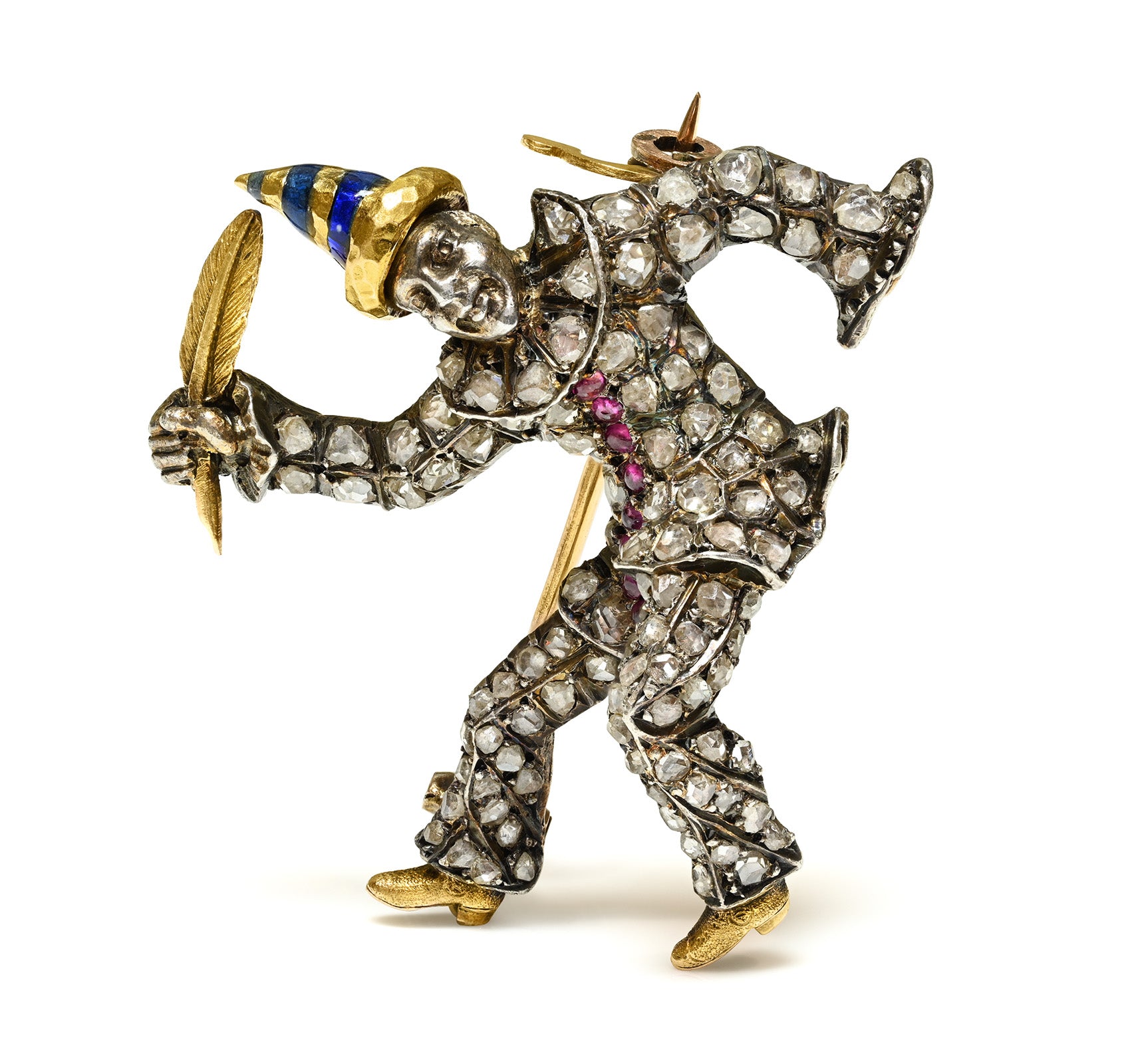 Antique French Diamond Ruby Harlequin Jester Brooch in Silver 18K Gold