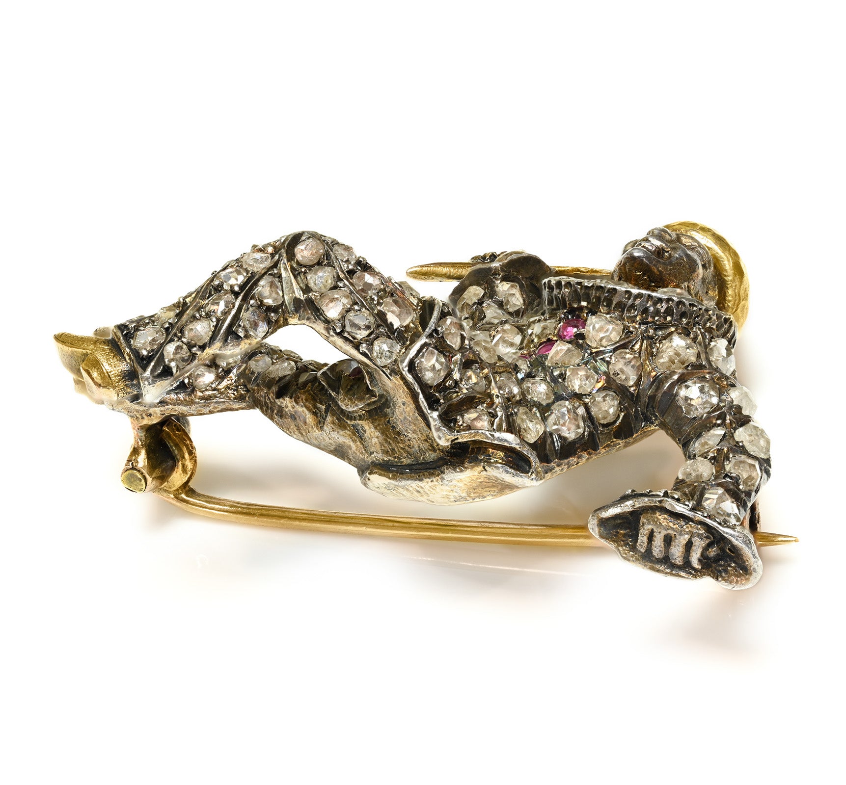 Antique French Pierrot Diamond & Ruby Brooch in Silver and 18K Gold