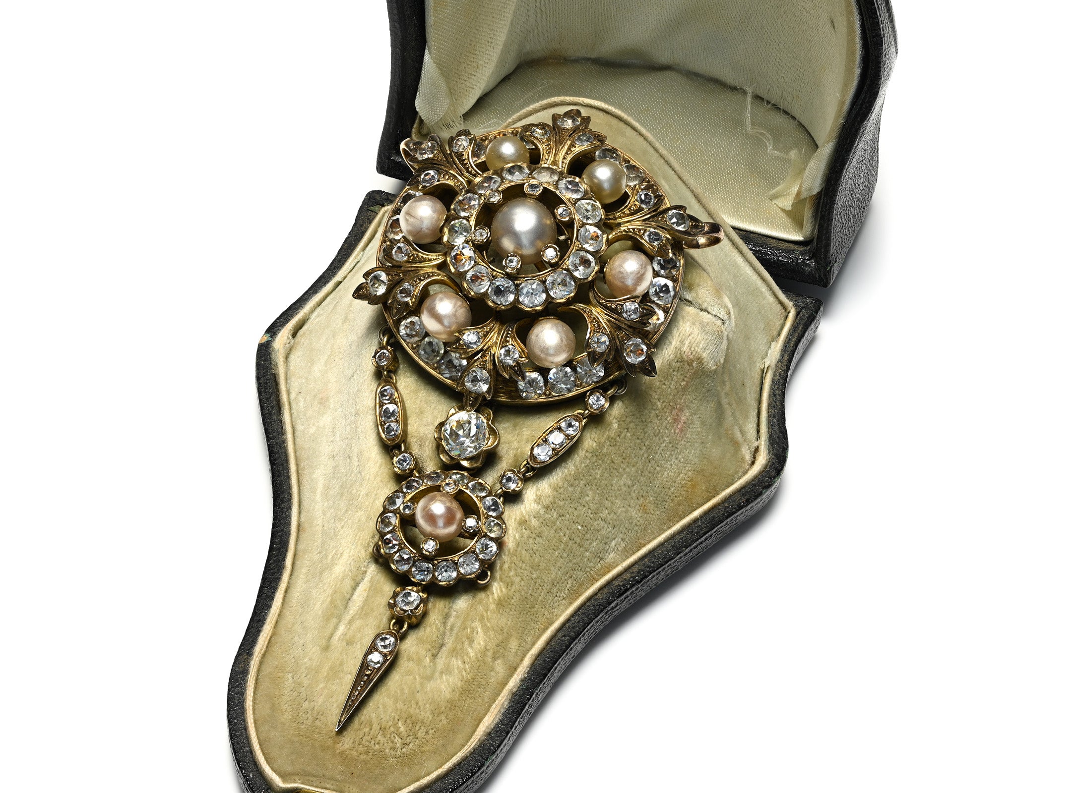 French Antique Silver Gold Paste Faux Pearl Brooch