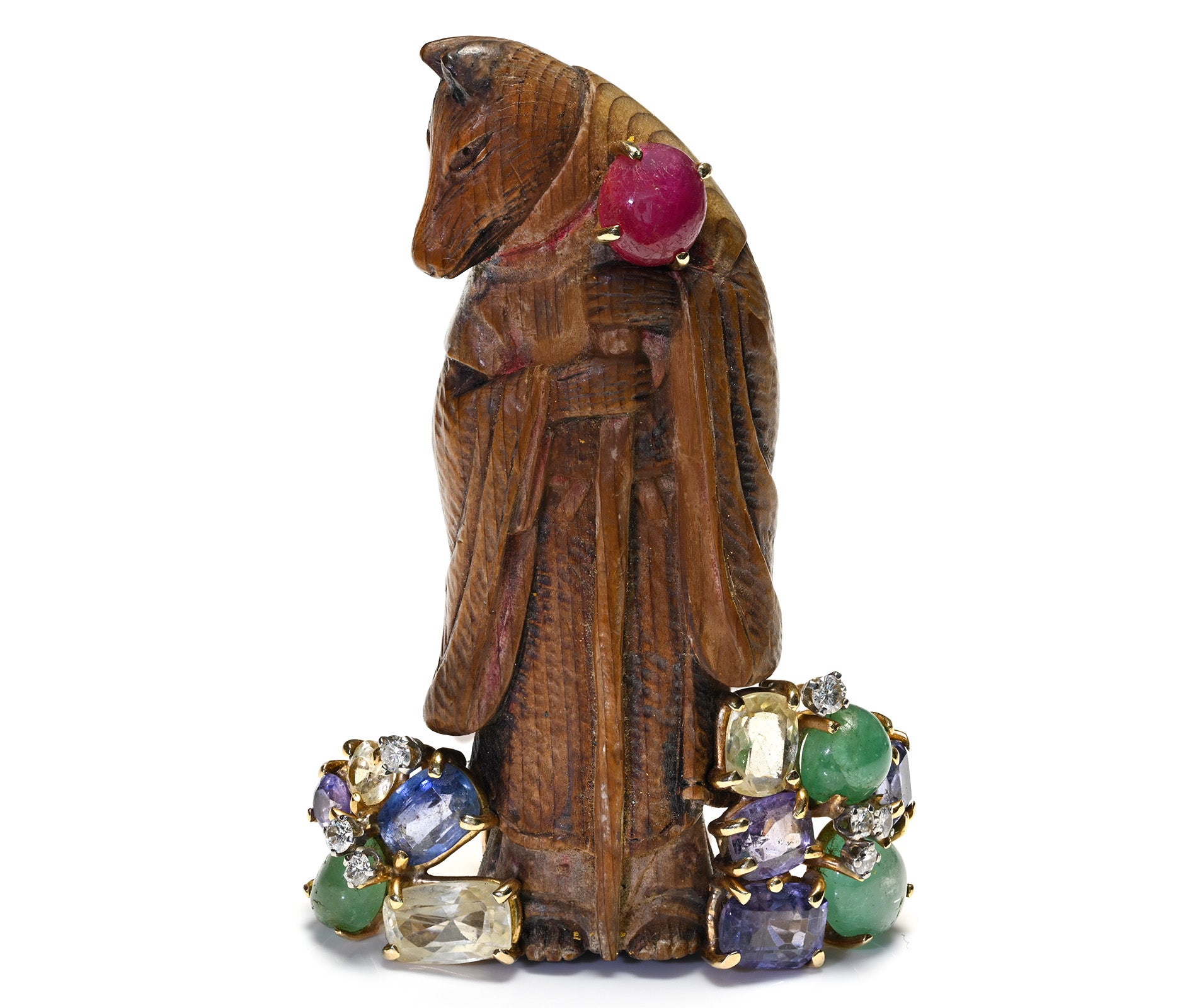 Antique Japanese Carved Wood Wolf Clip Brooch, Gold Gemstones