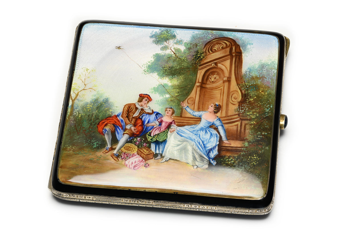 Antique German Silver Enamel Case  Romantic Garden Scene