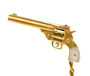 Antique Gold Revolver Stick Pin with Mother-of-Pearl and Wood