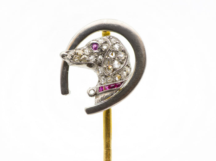 Antique Gold Platinum Diamond Ruby Sapphire Dachshund Dog Stick Pin