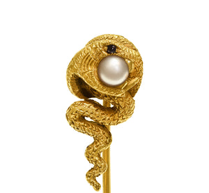 Antique Victorian Gold Snake Pearl Garnet Stick Pin