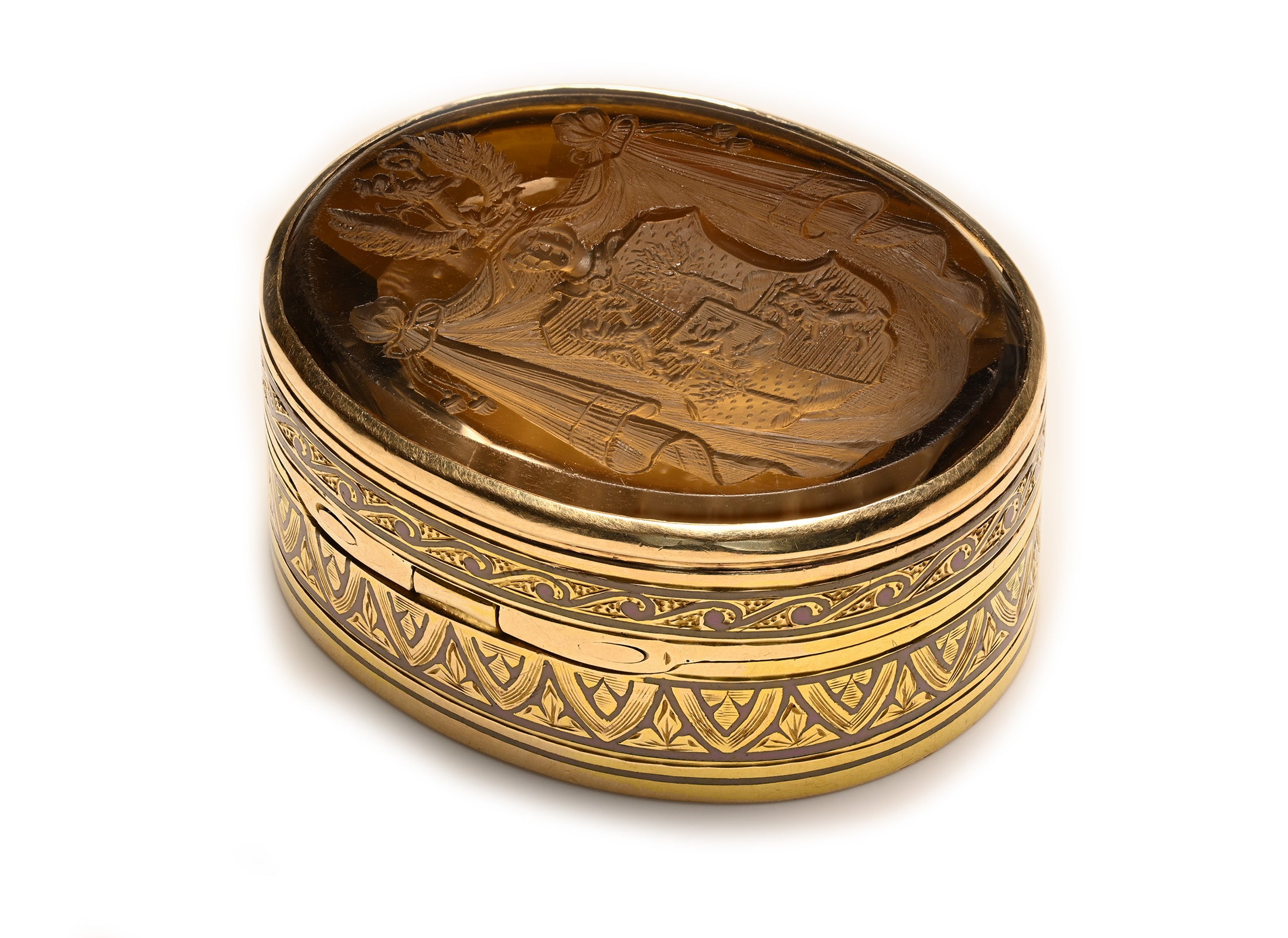 Antique Gold Snuff Box with Carved Heraldic Citrine Lid