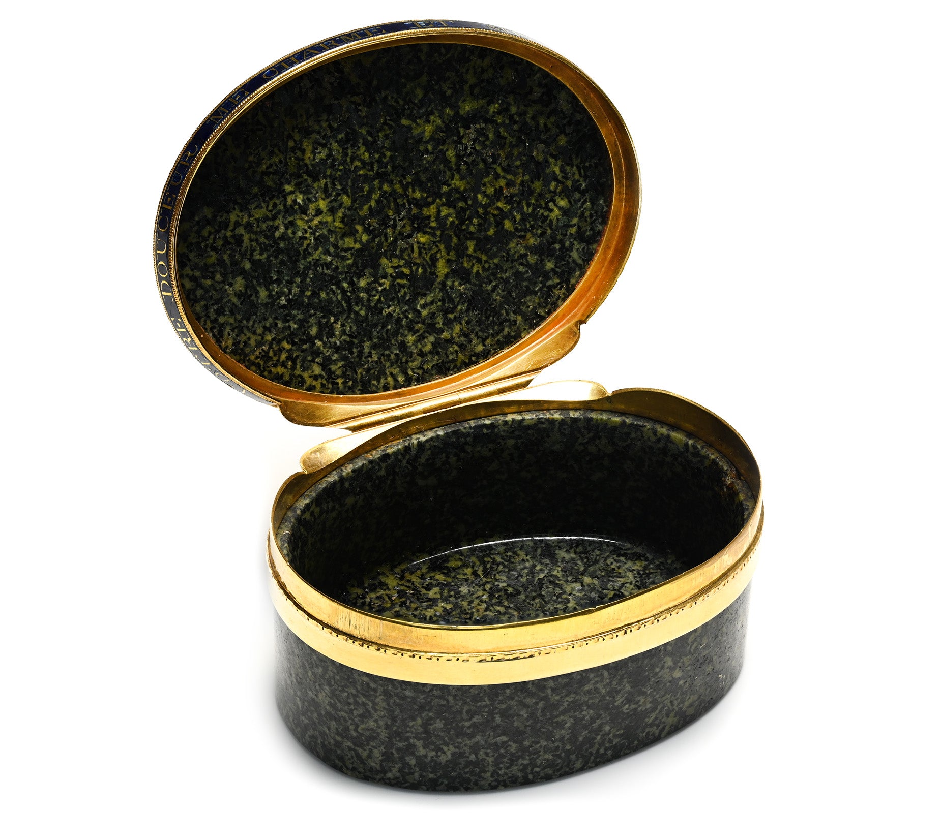 Antique Green Hardstone Gold and Blue Enamel Snuff Box