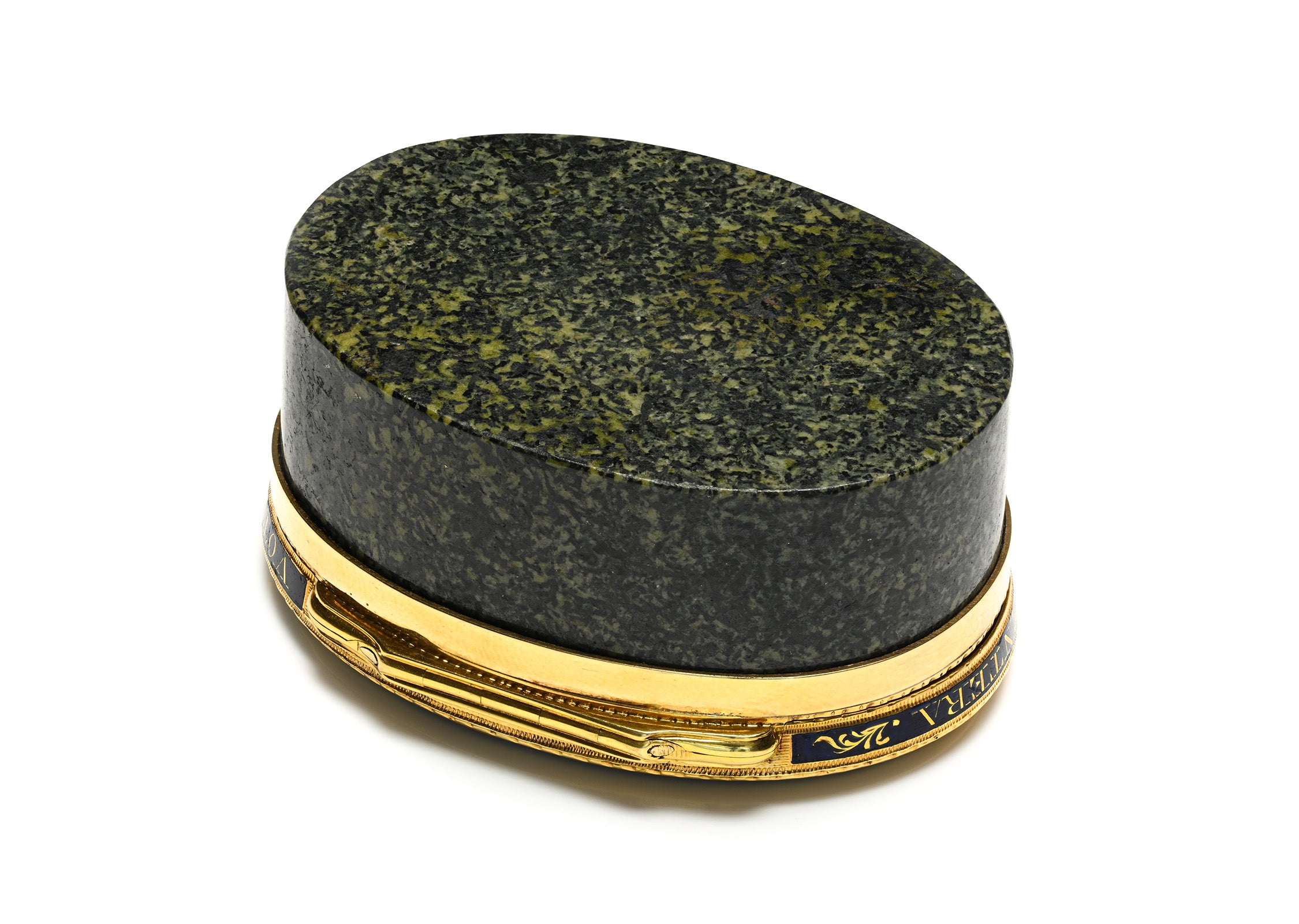 Antique Green Hardstone Gold and Blue Enamel Snuff Box Back