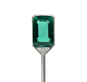 Antique 2 Carat Muzo Mine Colombian Emerald Diamond Stick Pin Platinum