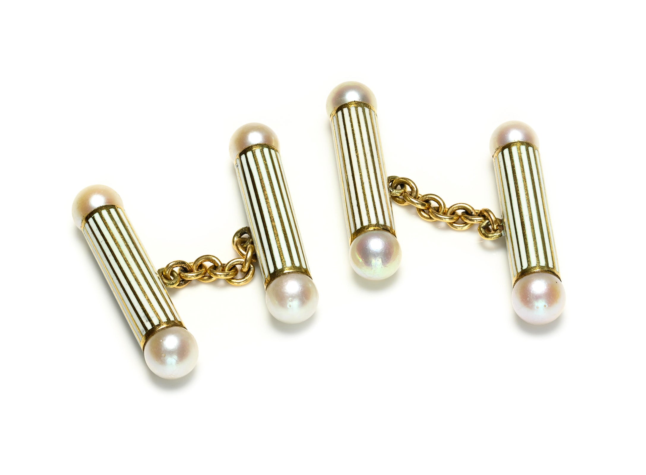 Antique Natural Pearl Enamel 18K Gold Bar Cufflinks