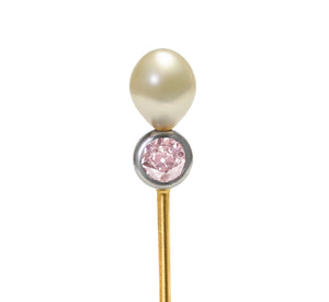 Antique Pink Diamond and Natural Pearl Gold Stick Pin