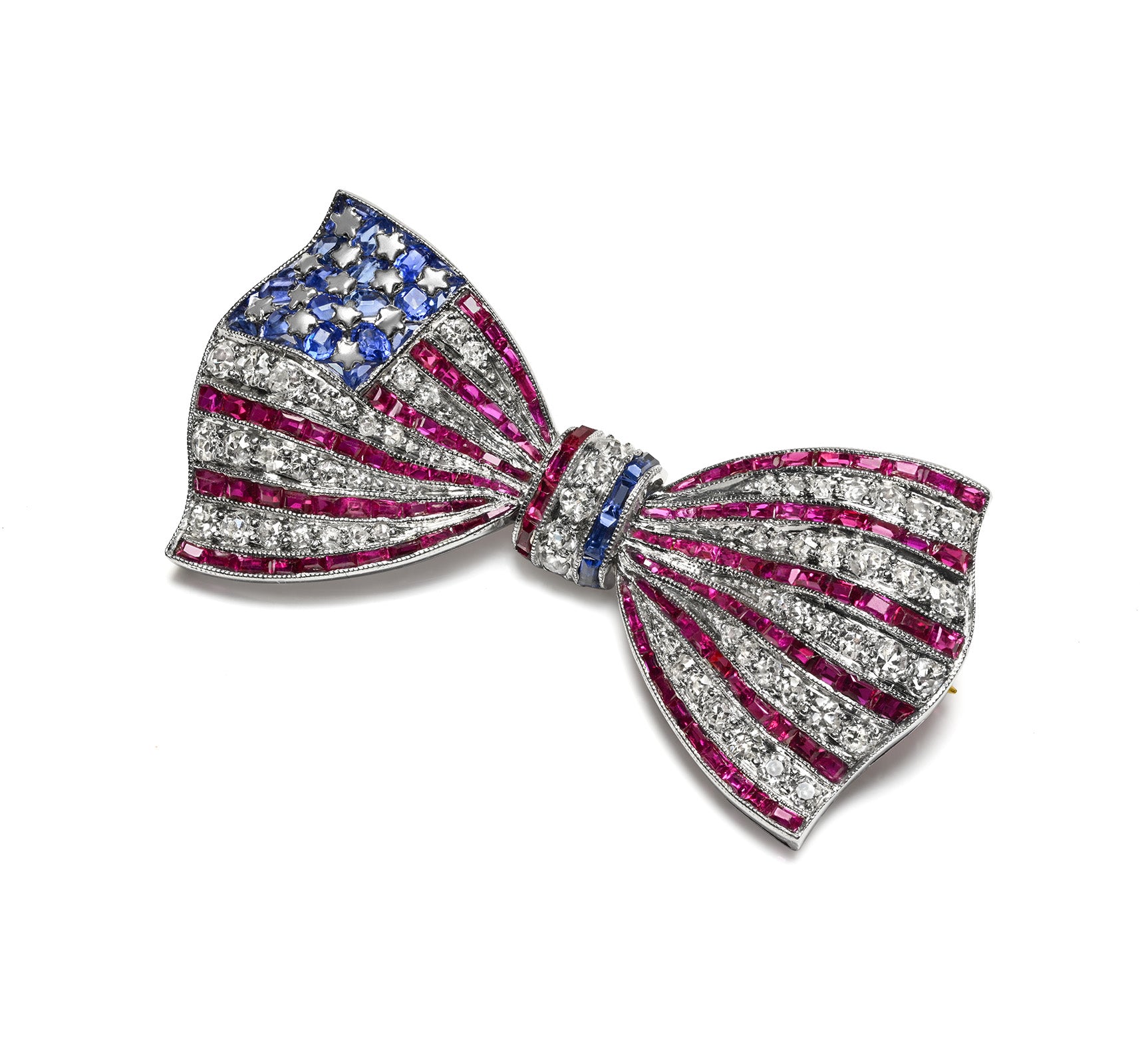 Antique Ruby Sapphire and Diamond American Flag Bow Brooch in Platinum