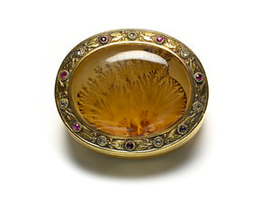Antique Scenic Dendritic Agate Ruby and Diamond 18K Gold Oval Snuff Box