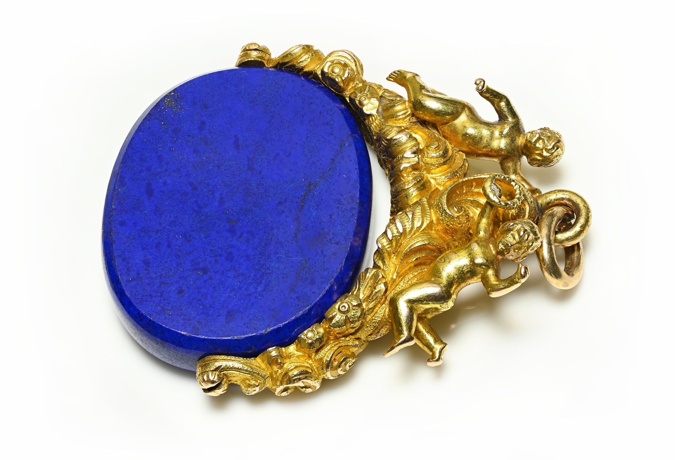 Antique Victorian Gold Carved Fob with Cherubs & Lapis