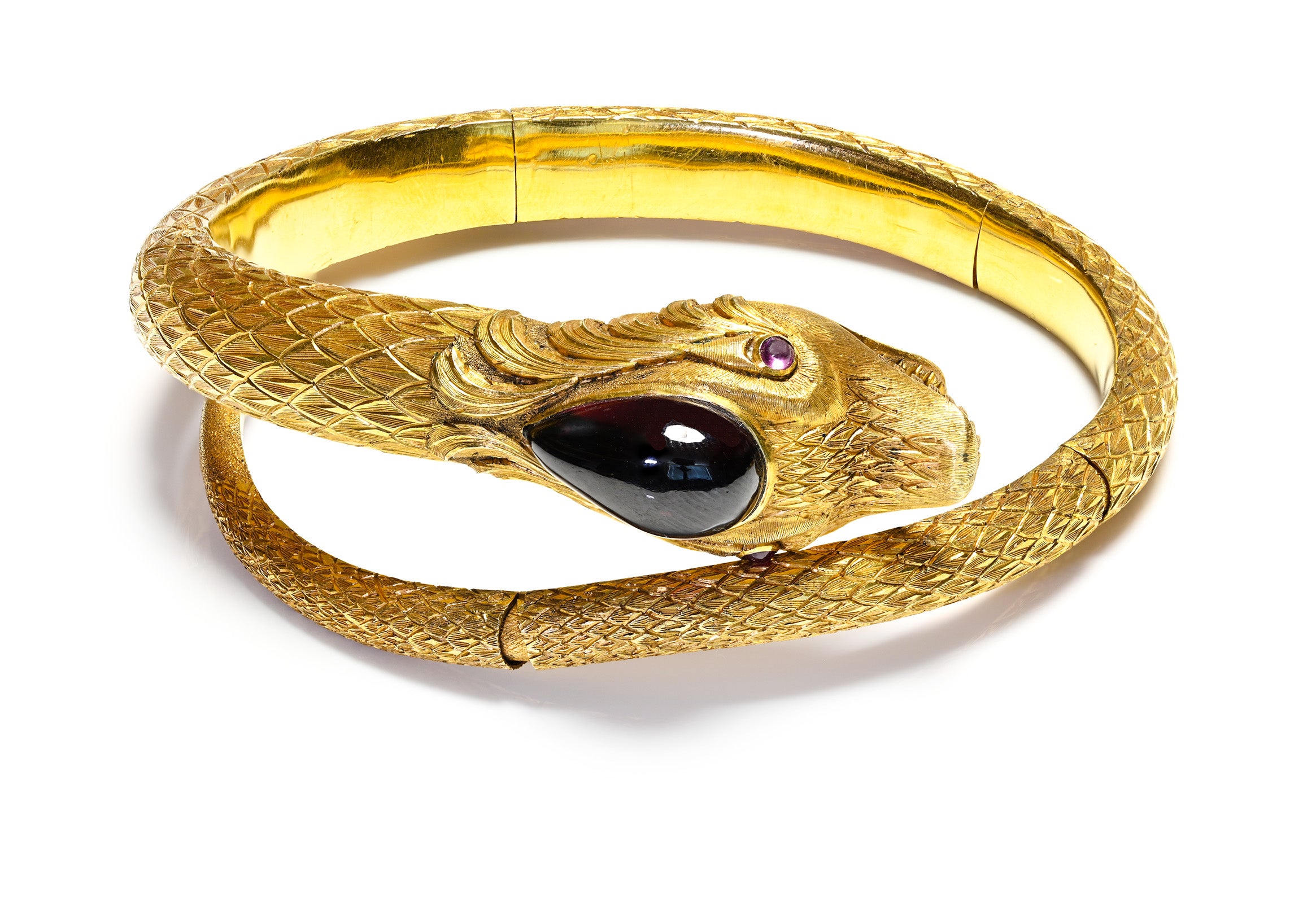 Antique Gold Snake Bangle Bracelet with Garnet & Ruby