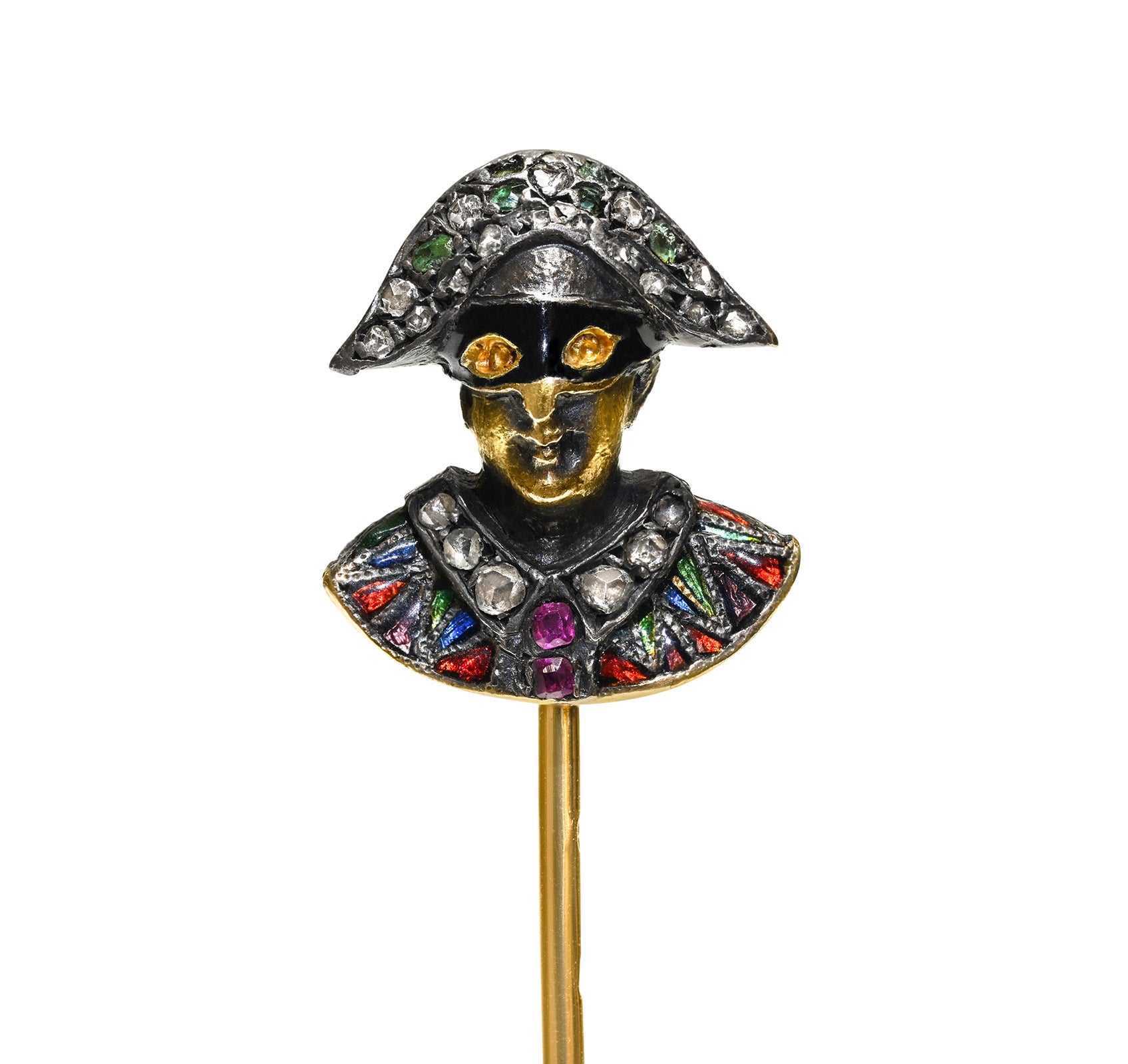 Antique Victorian Harlequin Figural Stick Pin in Venetian Masquerade