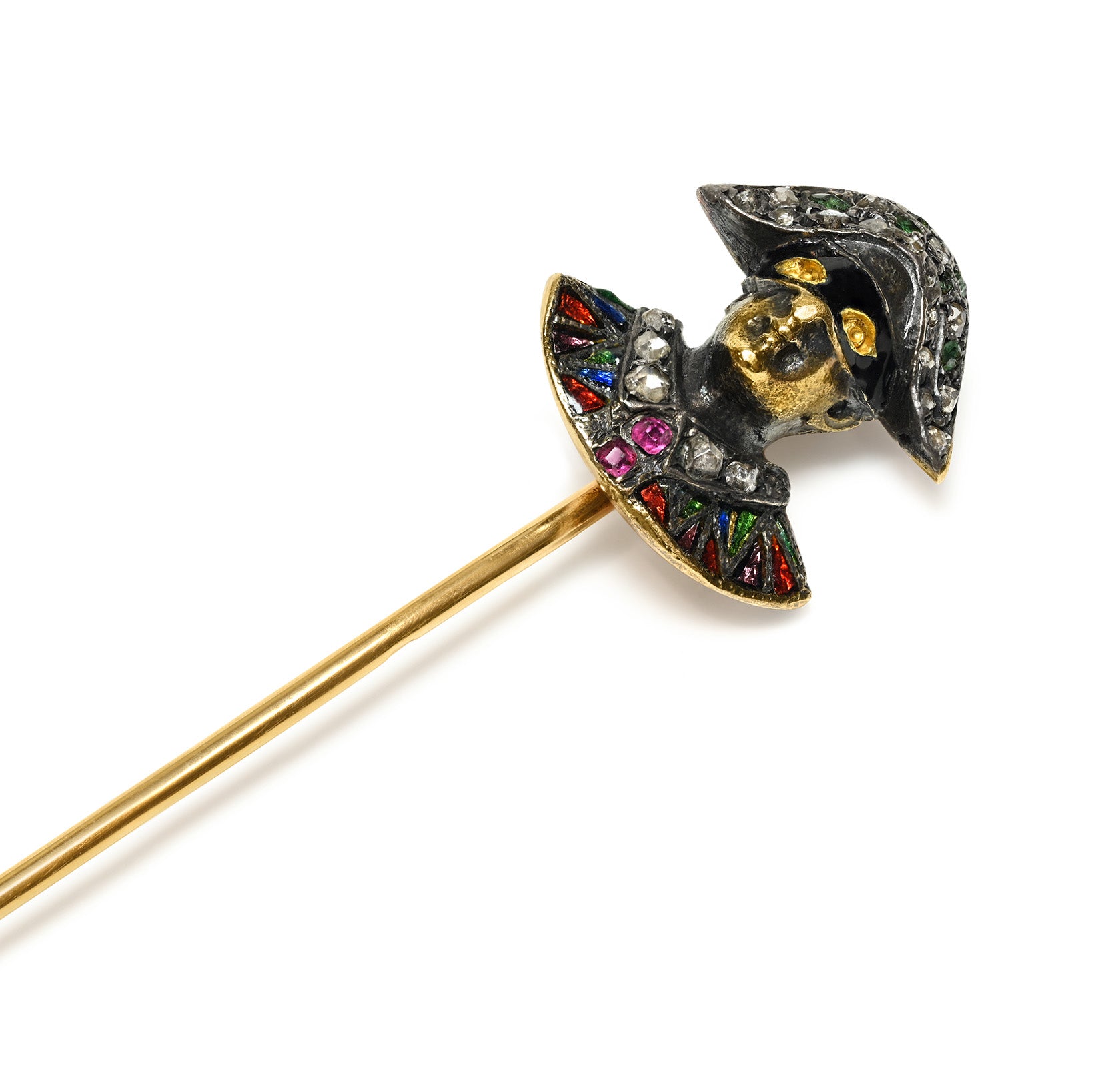 Victorian Harlequin Gemstone Figural Stick Pin in Venetian Masquerade 