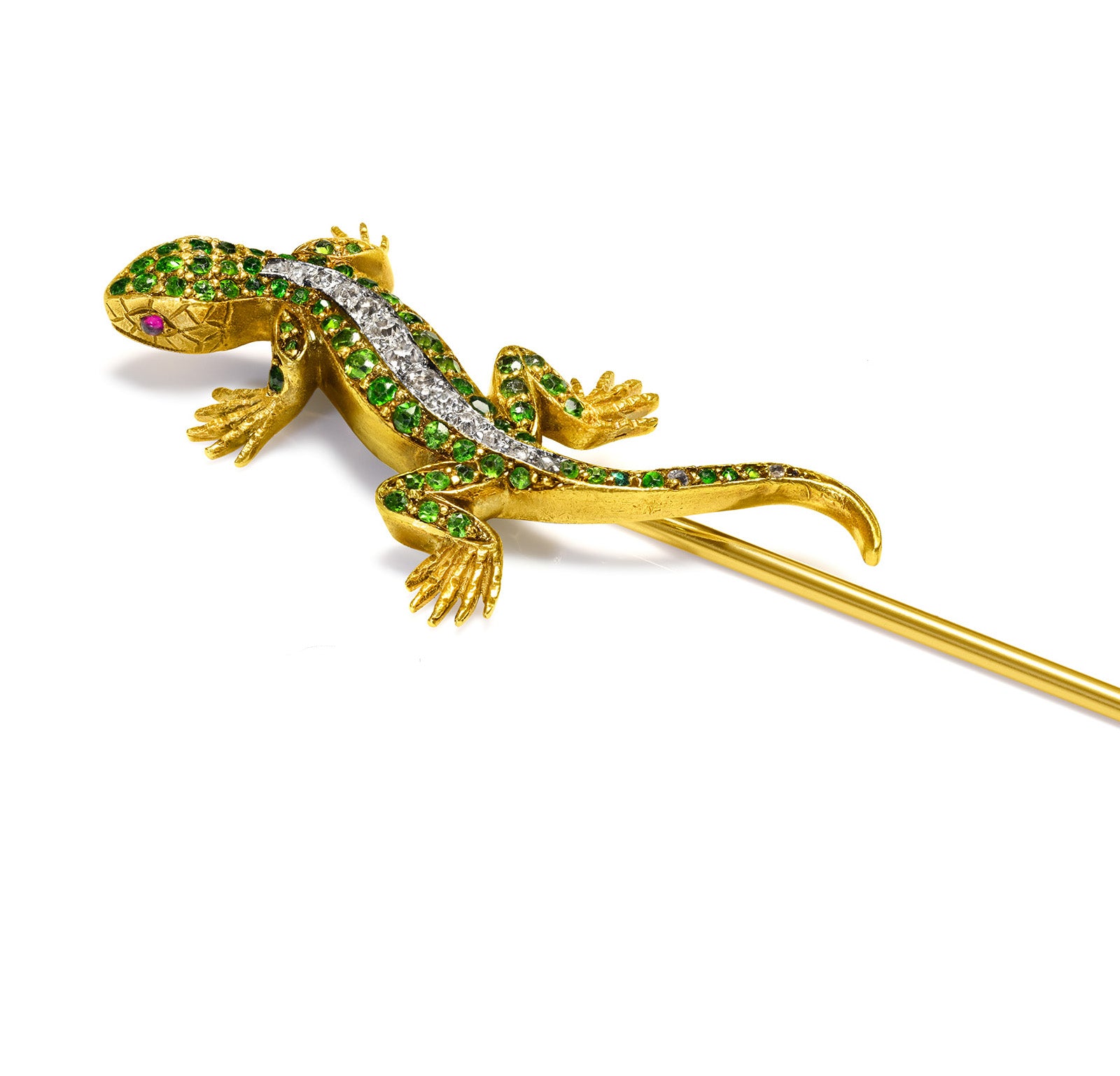 Victorian Demantoid Ruby Diamond Gold Lizard Stick Pin