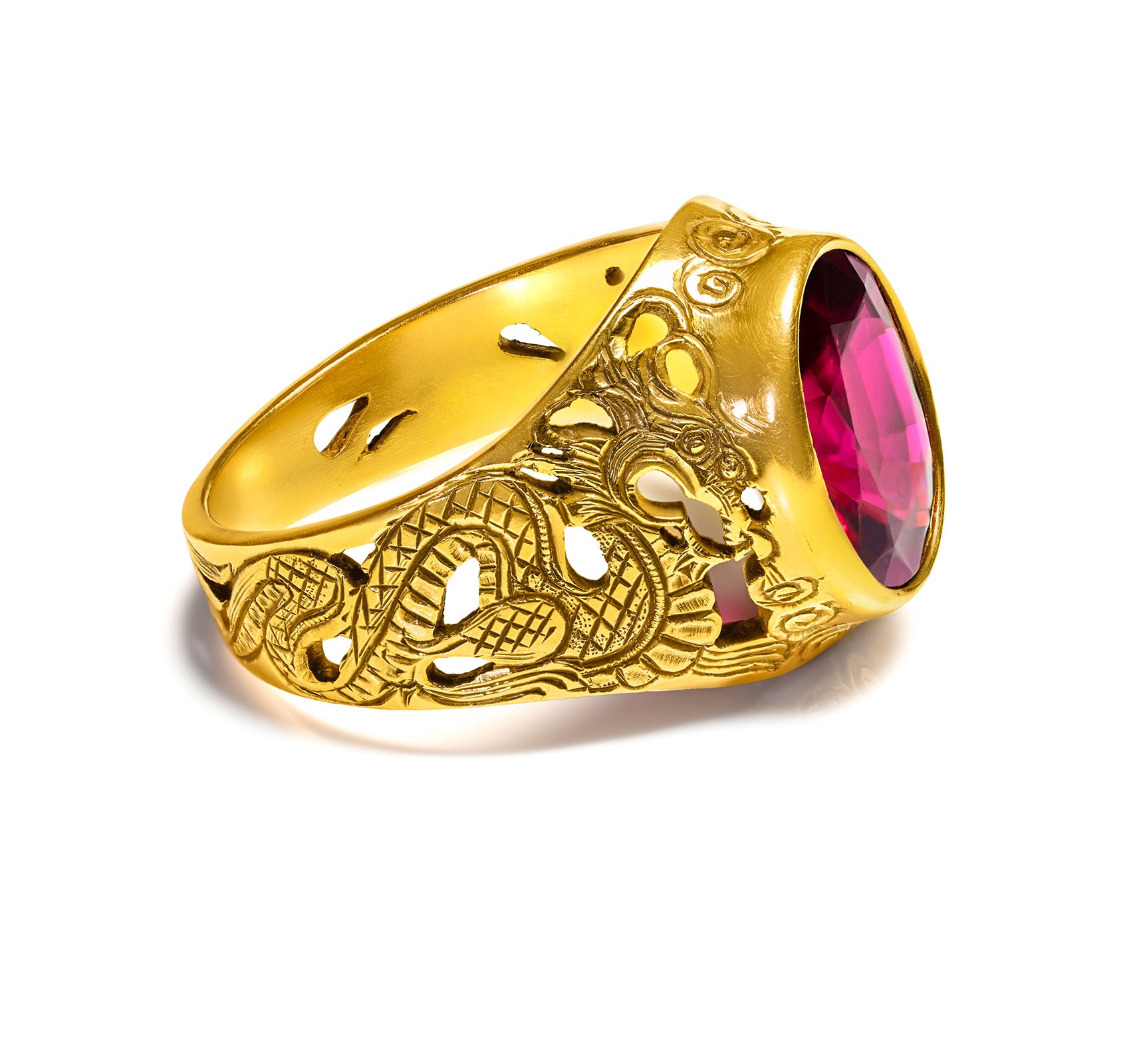 Antique Gold Tourmaline Men's Ring with Dragon Motif