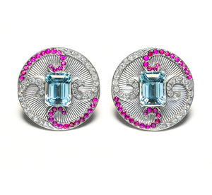 Aquamarine, Ruby & Diamond Vintage Gold Disc Earrings