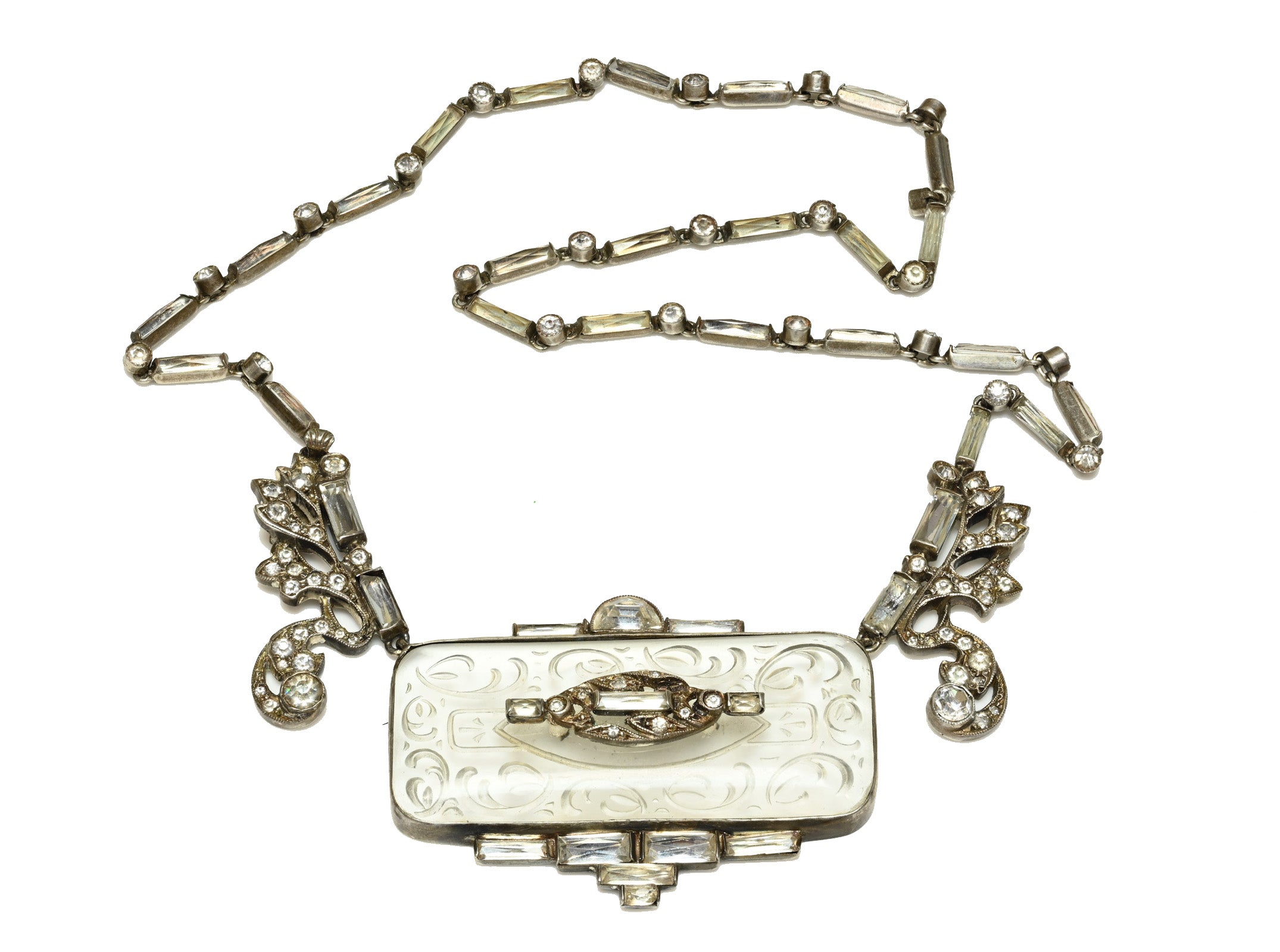 Art Deco Sterling Silver Paste Carved Crystal Necklace