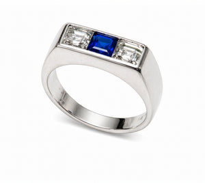 Art Deco Platinum Diamond and Sapphire Men's Ring