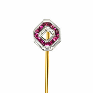 Art Deco Ruby Diamond Stick Pin Platinum and Gold