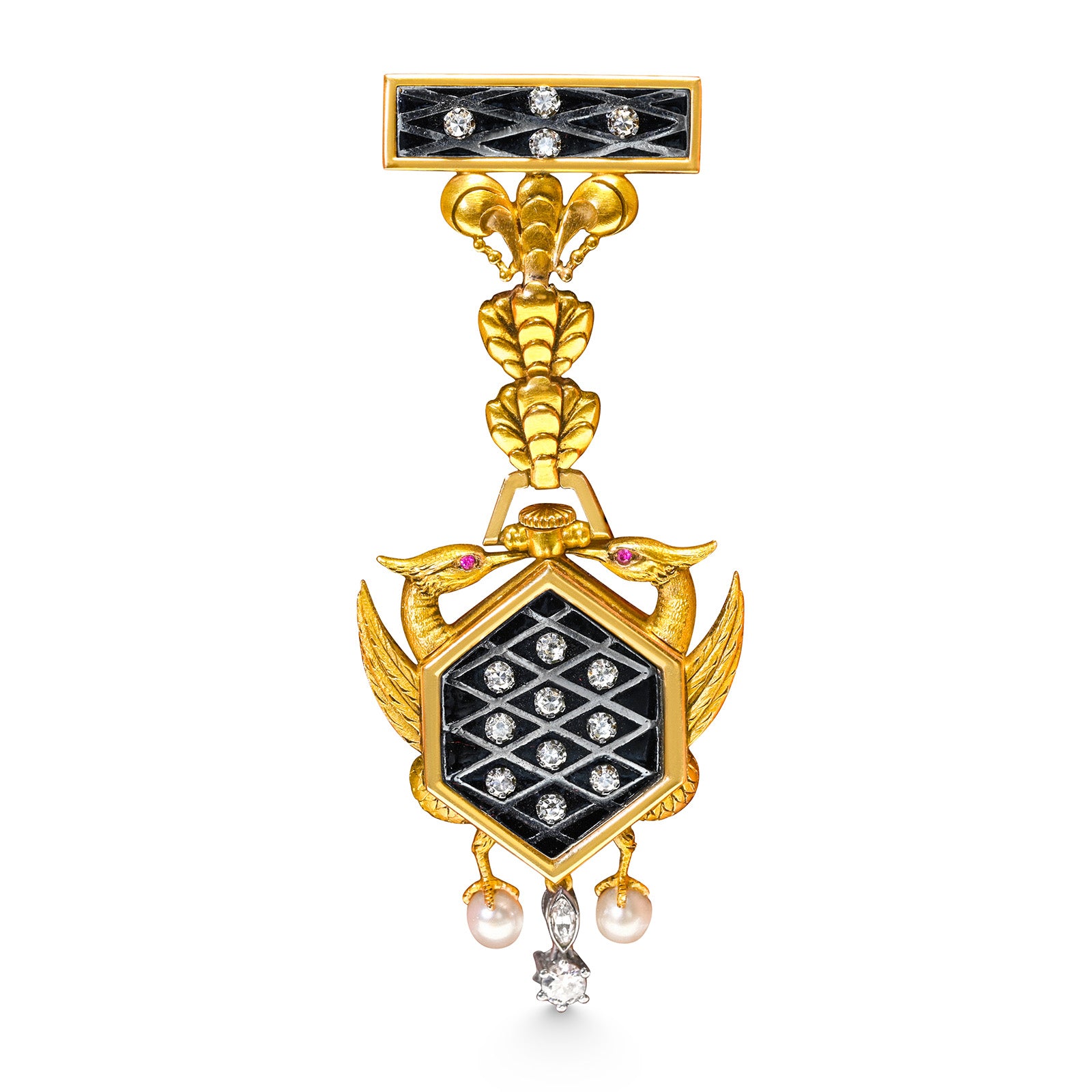 Antique Gold Diamond Enamel and Pearl Pendant Lapel Watch