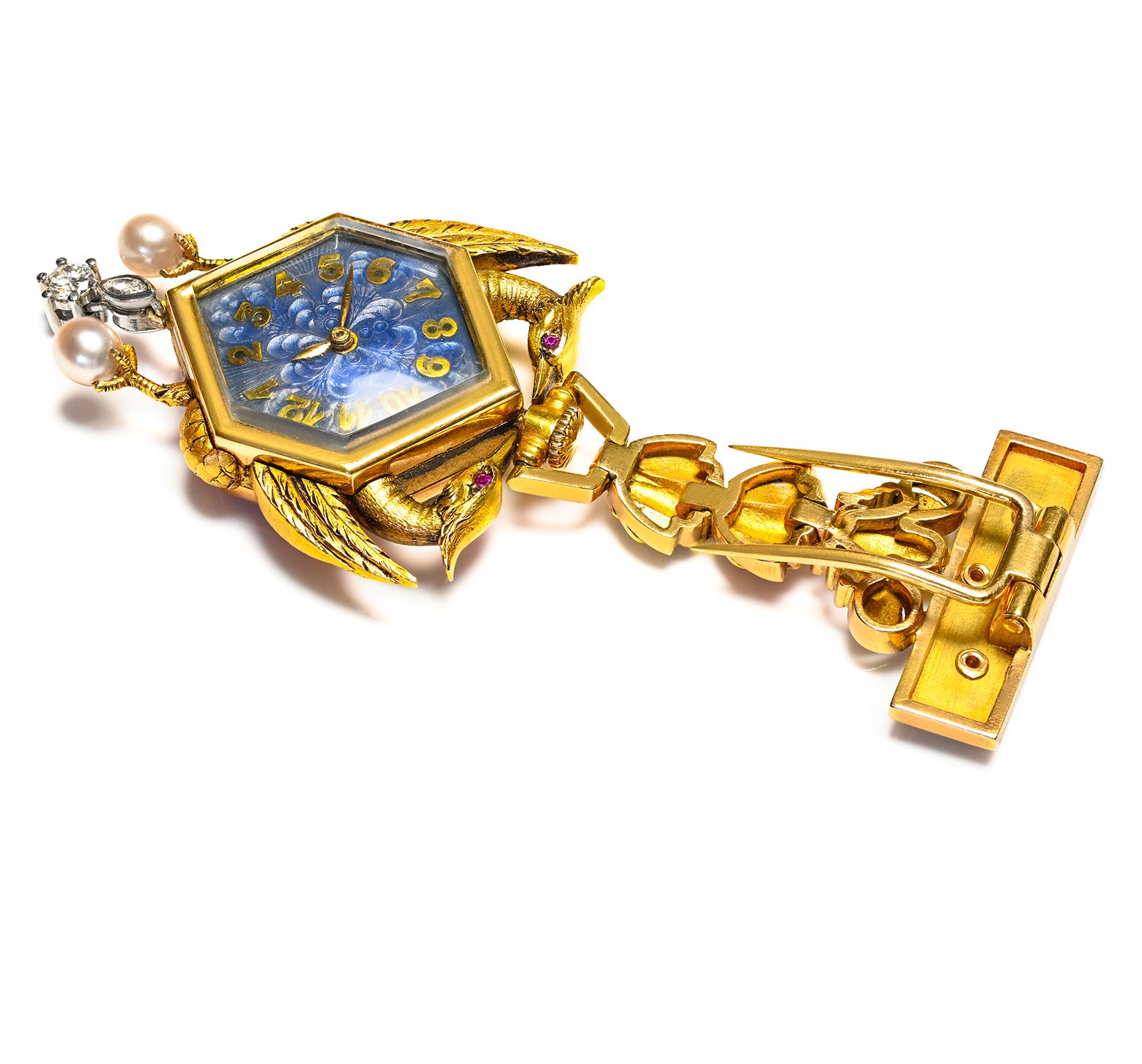 Art Nouveau 18K Gold Diamond Enamel Pendant Lapel Watch