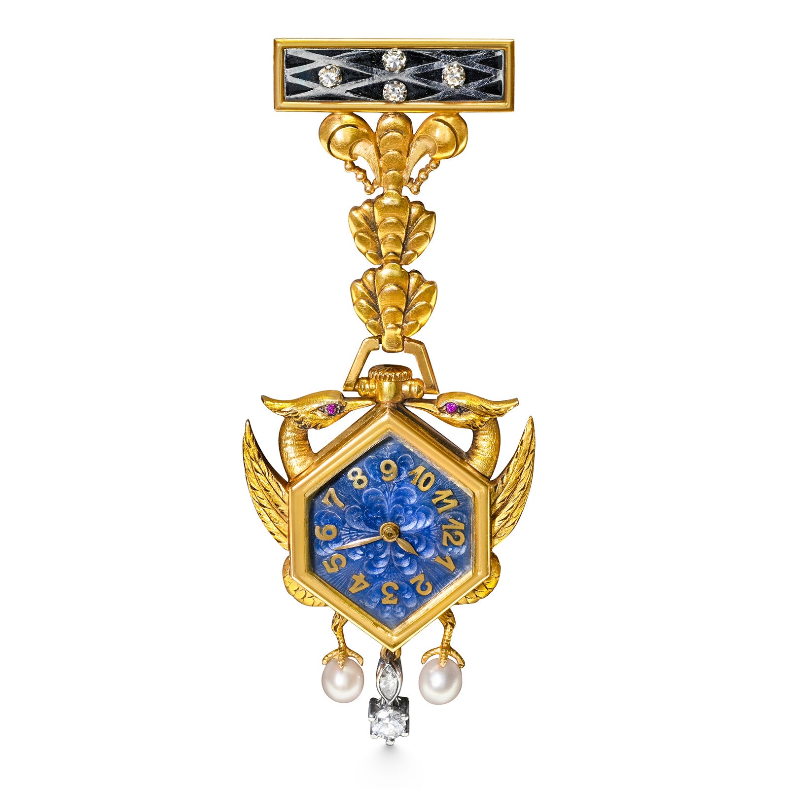 Art Nouveau 18K Gold Diamond Enamel and Pearl Pendant Lapel Watch